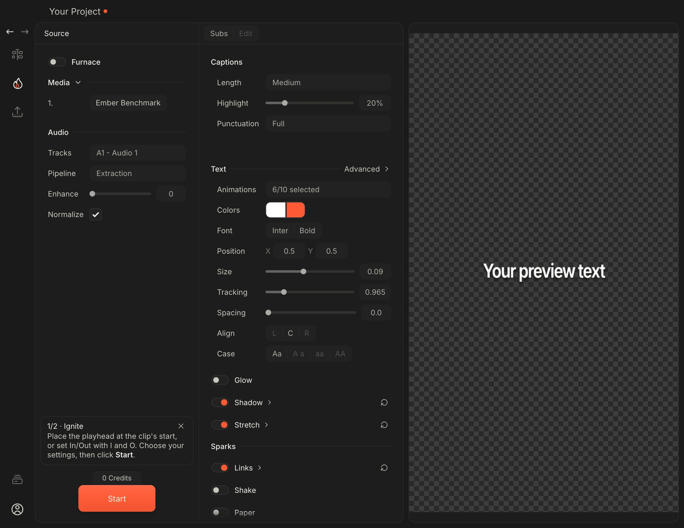Ember's Generate page with the Start controls and a word-timed Resolve subtitle timeline